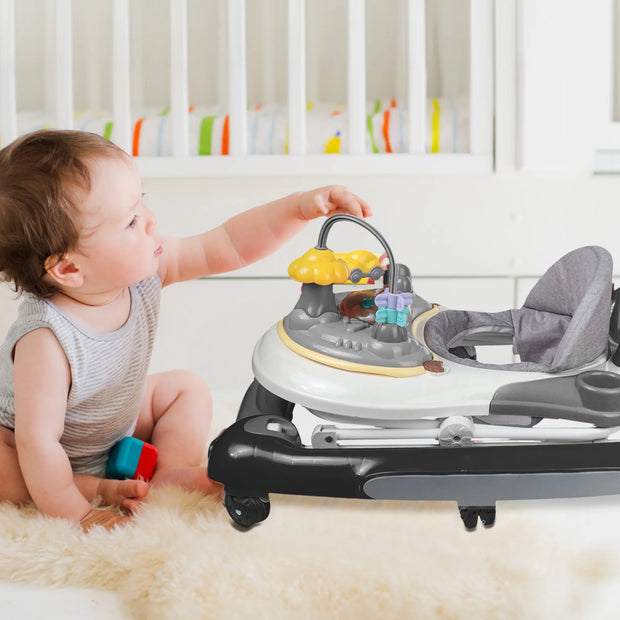 Baby Walker, 4 in 1 Foldable Walkers with Wheels & Removable Feeding & Music Tray, Activity Center for Baby Boys / Girls, Black
