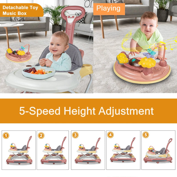 Infant Baby Walker with Wheels, Adjustable Activity Center for Boys Girls, Pink