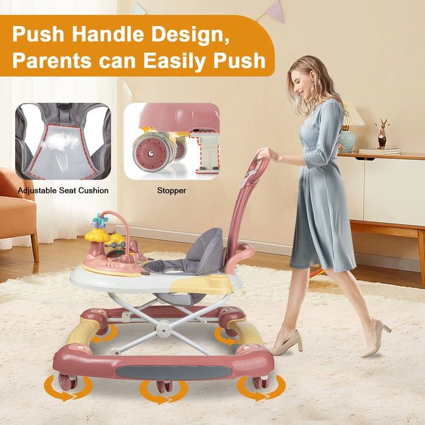 Infant Baby Walker with Wheels, Adjustable Activity Center for Boys Girls, Pink