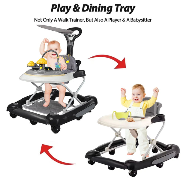Baby Walker, 4 in 1 Foldable Walkers with Wheels & Removable Feeding & Music Tray, Activity Center for Baby Boys / Girls, Black