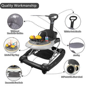 Baby Walker, 4 in 1 Foldable Walkers with Wheels & Removable Feeding & Music Tray, Activity Center for Baby Boys / Girls, Black