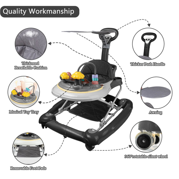 Baby Walker, 4 in 1 Foldable Walkers with Wheels & Removable Feeding & Music Tray, Activity Center for Baby Boys / Girls, Black