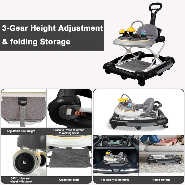 Baby Walker, 4 in 1 Foldable Walkers with Wheels & Removable Feeding & Music Tray, Activity Center for Baby Boys / Girls, Black