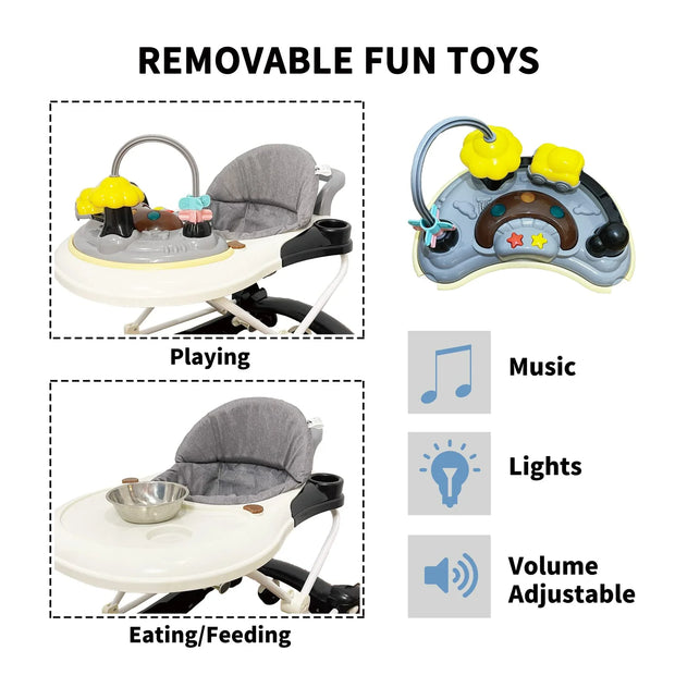 Baby Walker, 4 in 1 Foldable Walkers with Wheels & Removable Feeding & Music Tray, Activity Center for Baby Boys / Girls, Black