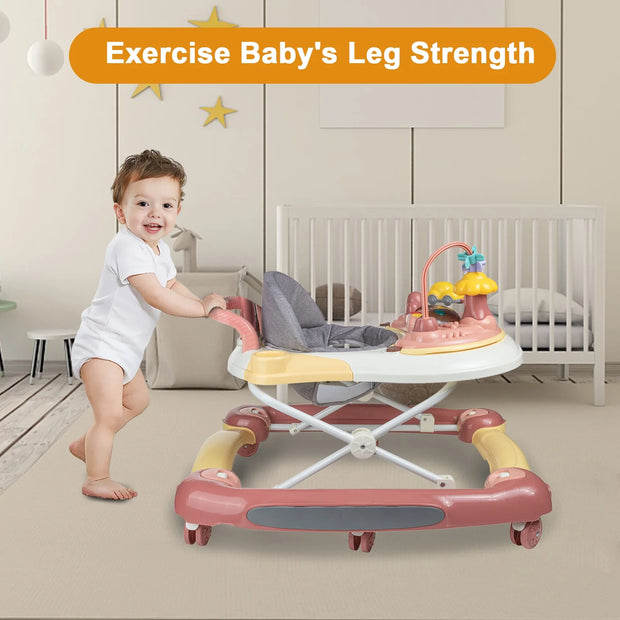 Infant Baby Walker with Wheels, Adjustable Activity Center for Boys Girls, Pink