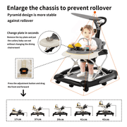 Baby Walker, 4 in 1 Foldable Walkers with Wheels & Removable Feeding & Music Tray, Activity Center for Baby Boys / Girls, Black
