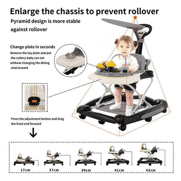 Baby Walker, 4 in 1 Foldable Walkers with Wheels & Removable Feeding & Music Tray, Activity Center for Baby Boys / Girls, Black